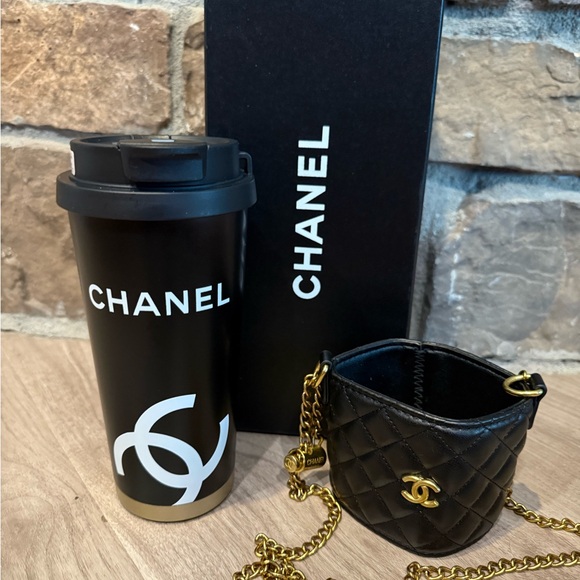 GWP - CHANEL Black and Gold Travel Mug with Quilted Holder